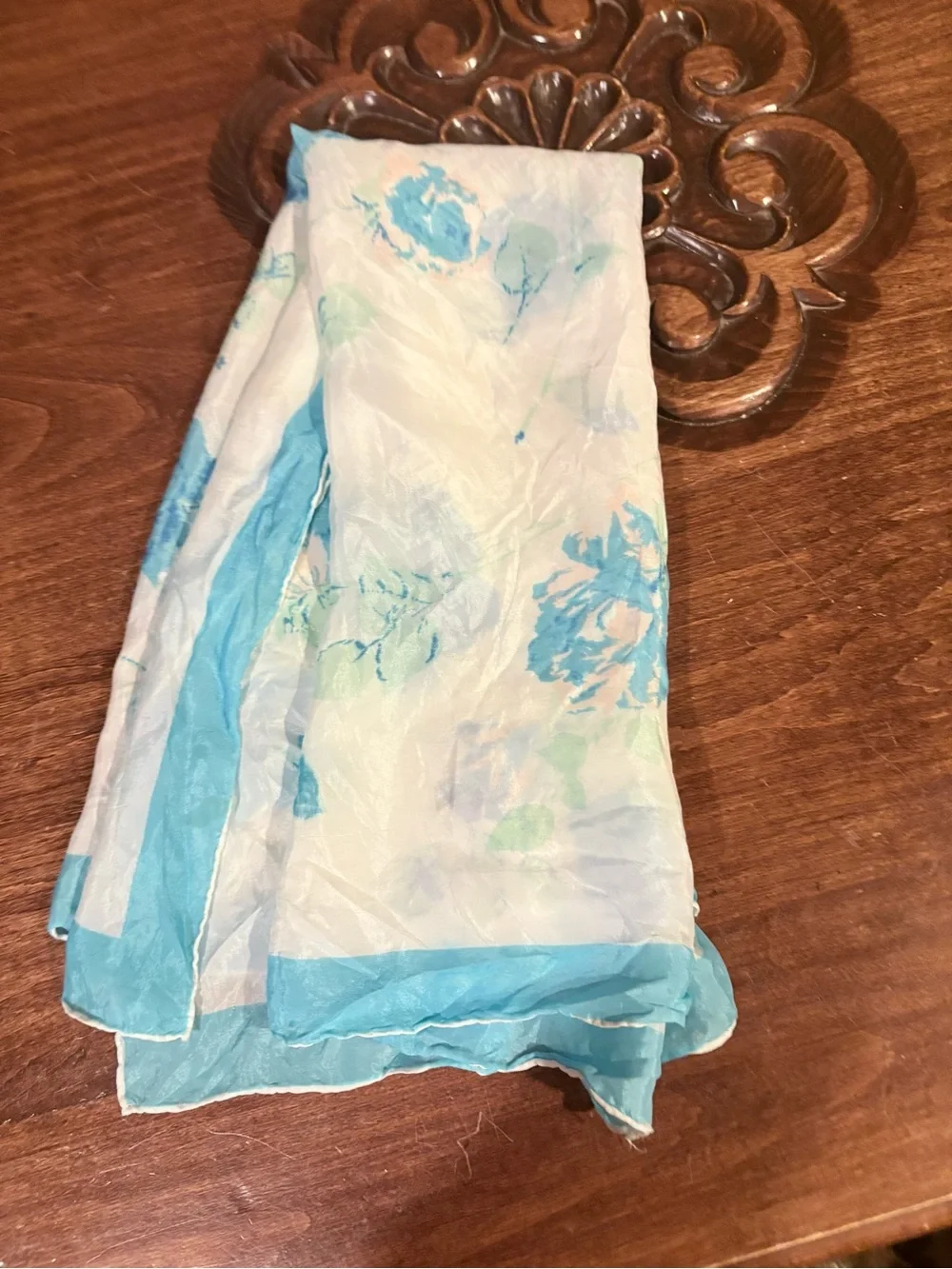 Vintage 1950s Light Blue Floral Silk Scarf.